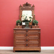 Antique French Walnut Dressing Table – Marble top - Mirror, 6 Drawers, Carved Detail. B12475